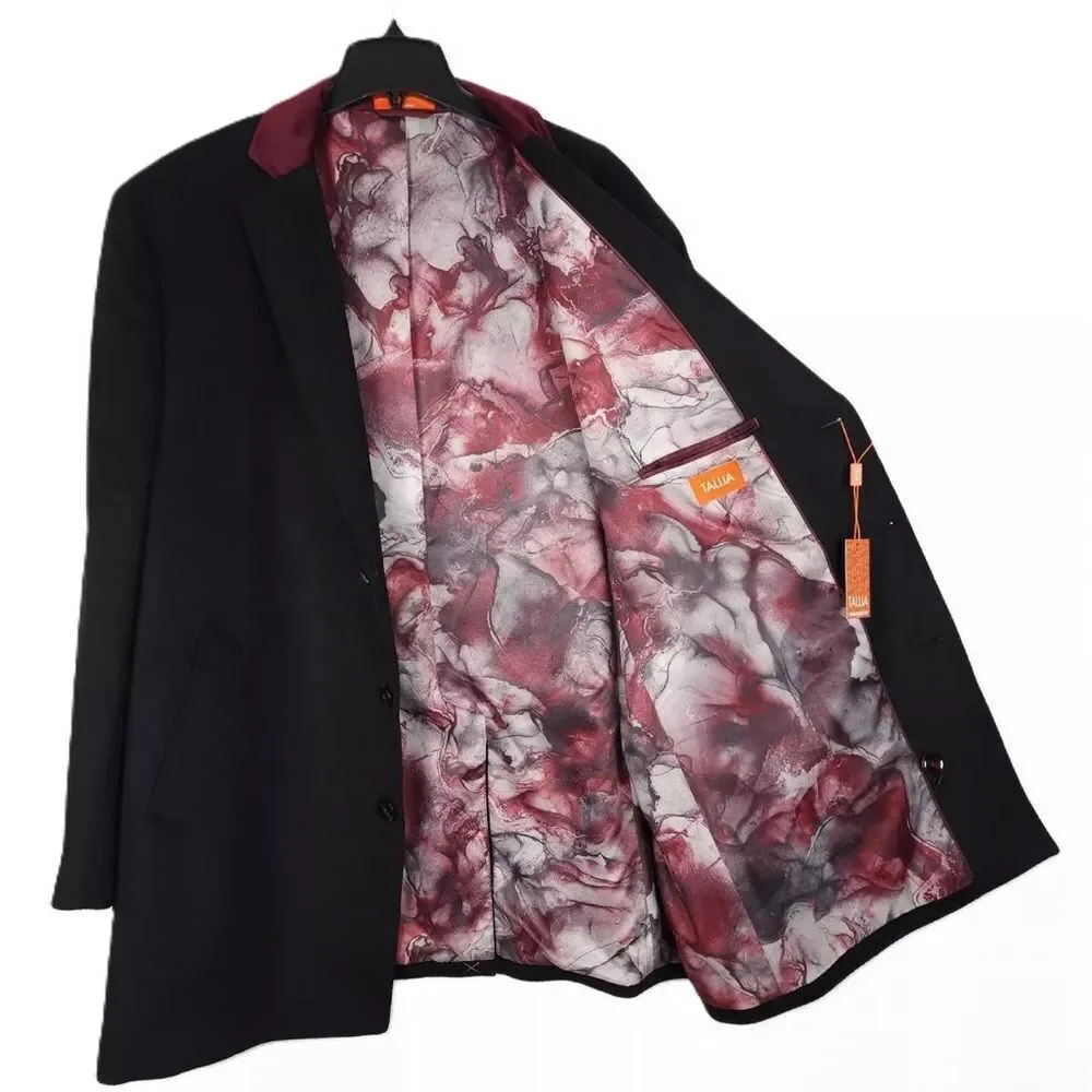 Tallia Men's Velutti Overcoat Solid Black Wool Blend Contrasting Collar NWT $498